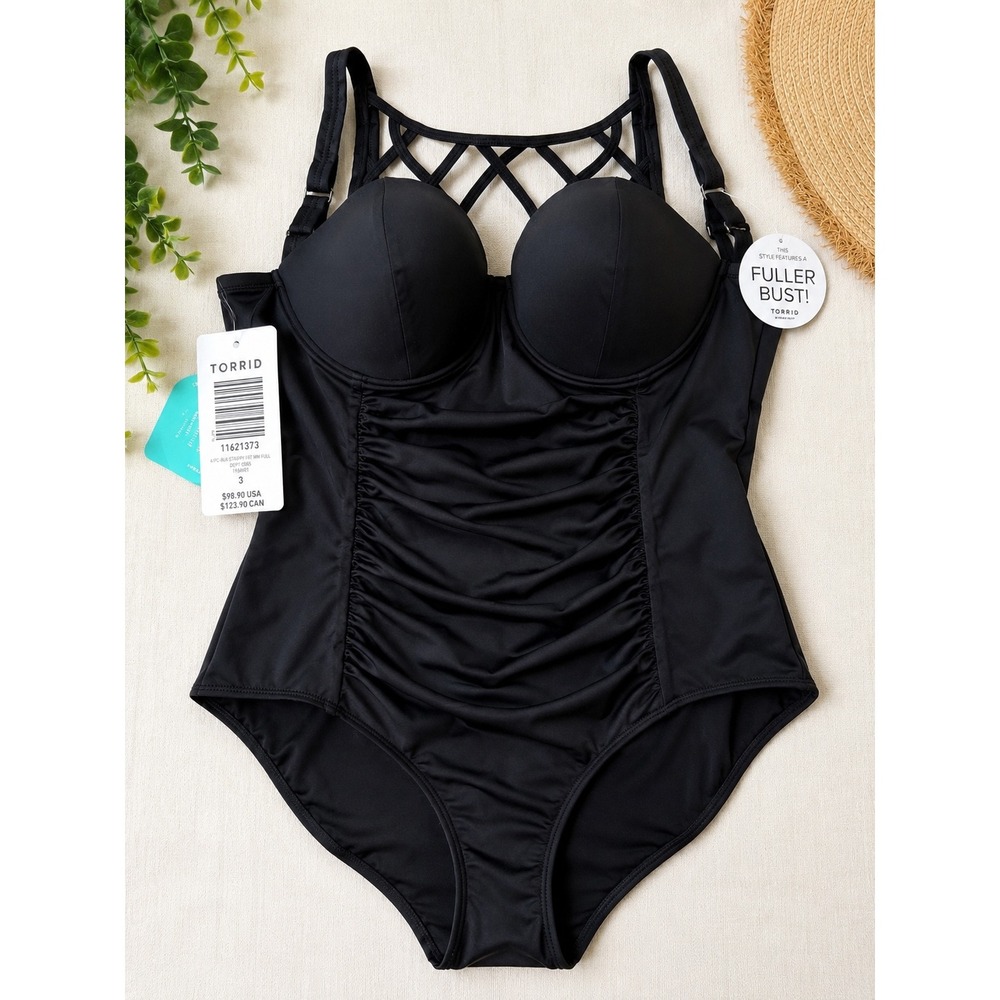 Torrid Black One Piece Swimsuit Size 3‎ Full Bust Strappy Back Tummy Control NWT